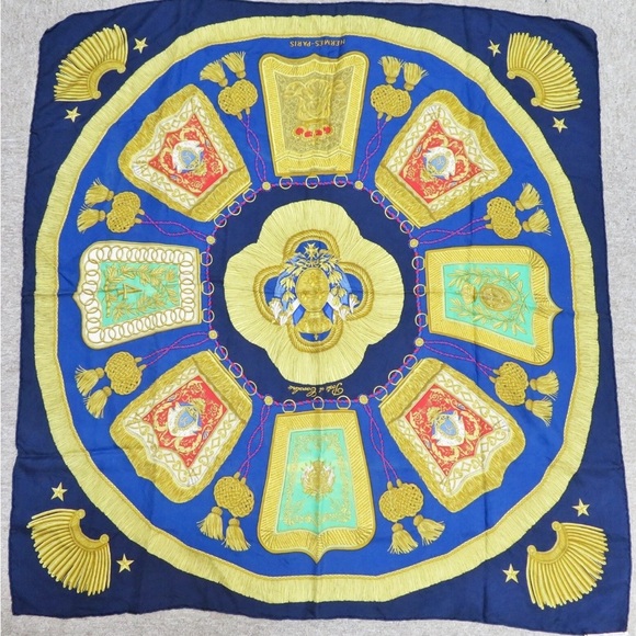 Hermes Gold and Blue Silk Scarf - Picture 1 of 15